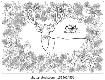 Christmas wreath of spruce, pine, poinsettia, dog rose, cowberry, cranberry, mistletoe, winter birds and deer. Coloring page for the adult coloring book. Outline hand drawing vector illustration..