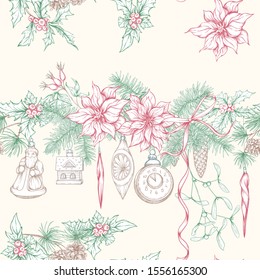 Christmas wreath of spruce, pine, poinsettia, dog rose, cowberry, cranberry, mistletoe, fir with vintage decorations. Seamless pattern. Graphic drawing engraving style. Vector illustration