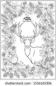 Christmas wreath of spruce, pine, poinsettia, dog rose, cowberry, cranberry, mistletoe, winter birds and deer. Coloring page for the adult coloring book. Outline hand drawing vector illustration..