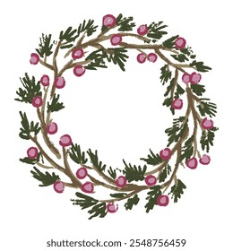 Christmas wreath of spruce with red berries, hand drawn vector illustration