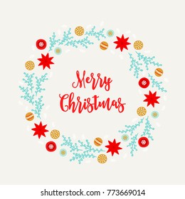 Christmas wreath with stars, branches, balls and snowflakes on light background. Perfect for holiday greeting cards