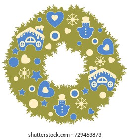 Christmas wreath with stars, hearts, snowmen, snow-covered houses with a pipe. New Year and Christmas symbols.