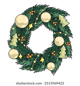 Christmas wreath sticker colorful ring of fir twigs and toys for room interior decoration on New Year eve vector illustration