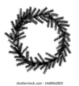 Christmas wreath in the style of a sketch of a Christmas tree and cones isolated on white background.