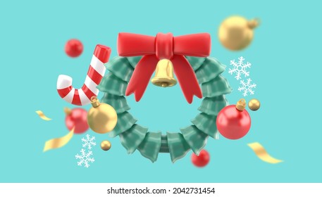 Christmas wreath surrounded by candy cave, glass balls and gift boxes on a blue background.Design for christmas illustration.