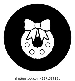 A christmas wreath symbol in the center. Isolated white symbol in black circle. Vector illustration on white background