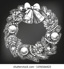 Christmas Wreath Symbol Of Christianity Hand Drawn Vector Illustration Sketch, Drawn In Chalk On A Black Board