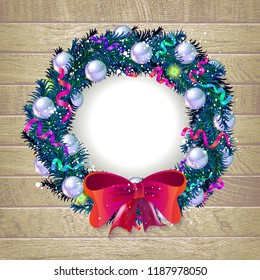 Christmas wreath template 2019 with light garland and red bow on wooden background isolated vector illustration