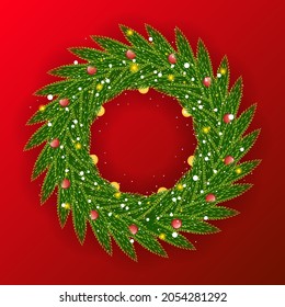 Christmas wreath template deep green leaf red ball with ornaments