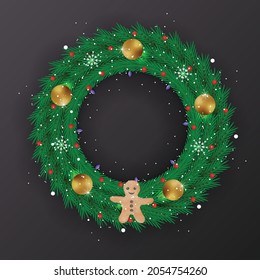 Christmas wreath template deep green leaf golden ball with Christmas doll
