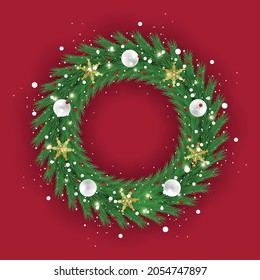 Christmas wreath template with Christmas ornament green leaf and white ball and snow