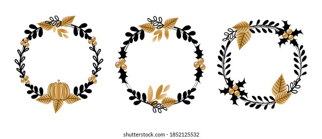 Weihnachtskranz-Vorlage mit Winterblumenelementen. Jahreszeit Grußkarte. Vektorgrafik