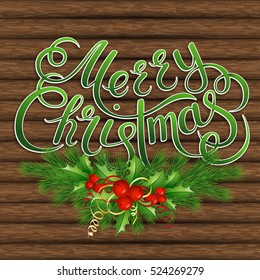 Christmas wreath with text banner. Christmas tree, holly and decorative elements on background of boards. Vector illustration.Eps 10.