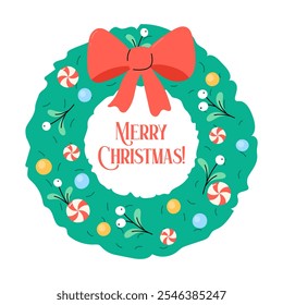 Christmas wreath and text Merry Christmas inside. Cute Xmas greeting card. Simple square vector illustration with celebration greetings. 
