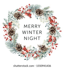 Christmas wreath with text Merry Winter Night, white background. Green pine, fir twigs, cones, red berries. Vector illustration. Nature design. Greeting card, poster template. Xmas holidays