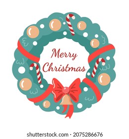 Christmas wreath with text on a white background. Design for your postcards, banners, flyers. Vector illustration