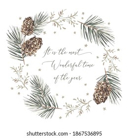 Christmas wreath with text, white background. Green pine twigs, cones, stars. Vector illustration. Nature design. Greeting card, poster template. Winter holidays