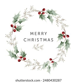 Christmas wreath with text, white background. Green holly twigs with red berries. Vector illustration. Nature design. Greeting card, poster template. Winter holidays