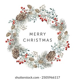 Christmas wreath with text, white background. Green pine twigs, cones, red berries. Vector illustration. Nature design. Greeting card, poster template. New Year holidays