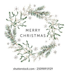 Christmas wreath with text, white background. Green fir twigs, mistletoe, snowflakes. Vector illustration. Nature design. Greeting card, poster template. New Year holidays