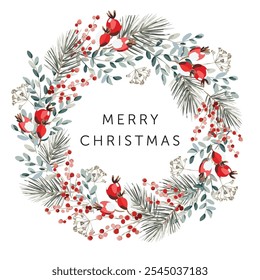 Christmas wreath with text, white background. Green pine twigs, red berries, rosehips. Vector illustration. Nature design. Greeting card, poster template. Winter holidays