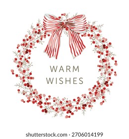 A coroa de Natal com texto, fundo branco. Gemidos, bagas vermelhas, arco listrado. Ilustração vetorial. Design da natureza. Cartão comemorativo, cartaz, modelo de banner. Feriados de Ano Novo
