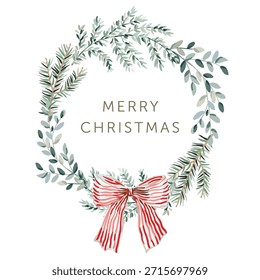 Weihnachtskranz mit Text, weißer Hintergrund. Grüne Tannenzweige, rot gestreifte Schleife. Vektorgrafik. Natur-Design. Grußkarte, Poster, Bannervorlage. Neujahrsferien