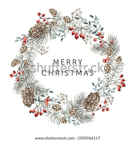 Christmas wreath with text, white background. Green pine twigs, cones, red berries. Vector illustration. Nature design. Greeting card, poster template. New Year holidays