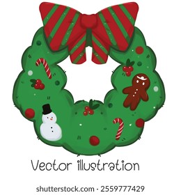 Christmas wreath tied with a red-green bow Beautifully decorated, cute, Christmas festival vector illustration