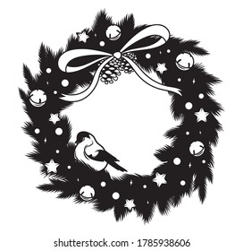 Christmas wreath with titmouse. Festive decor. Stylized Christmas wreath of fir branches with a bow. Symbol winter bird. Vector illustration nature decoration for a holiday card. Element for design.