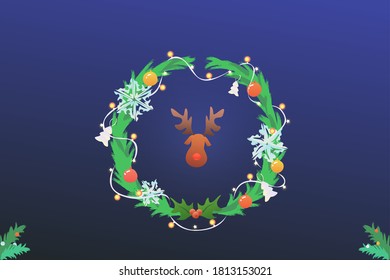 Christmas wreath with toys and garlands. Christmas deer head with red nose, modern illustration. Warm light from Christmas lights. Festive card with Christmas and Happy New Year.