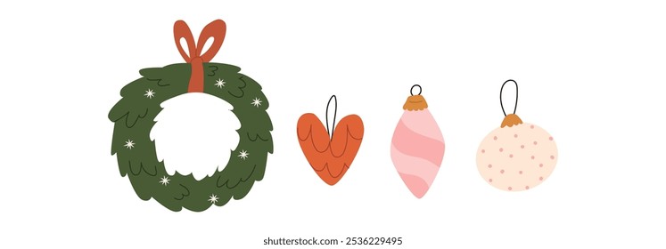 Corona de Navidad y juguetes en la Ilustración vectorial del árbol