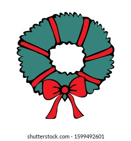 Christmas wreath. Traditional decoration made of fir branches. Colored vector illustration. Isolated background. Cartoon style. Christmas. New Year. An item for creating a magical interior. 
