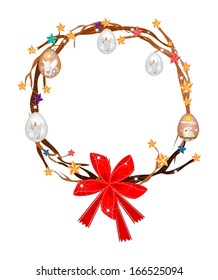 Christmas Wreath of Tree Branch Decorated with Christmas Ornaments, Stars, Easter Eggs and Red Bow, Sign for Christmas Celebration. 