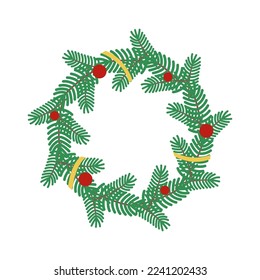 Christmas wreath of Christmas tree branches decorated with balls and ribbon isolated on a white background. Vector flat illustration for New Year, Xmas celebration. Round frame