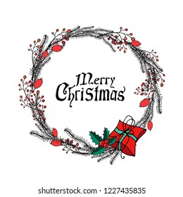 Christmas wreath of Christmas tree branches and gifts for cards, invitations and posters, vector illustration