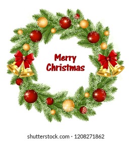 Christmas wreath of Christmas tree branches with golden bells and balls