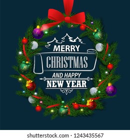 Christmas wreath from the Christmas tree branches. Merry christmas and happy new year holiday wreath on the dark blue background.
