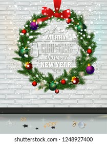  Christmas wreath from the Christmas tree branches. Merry christmas and happy new year holiday wreath on vector white brick wall 