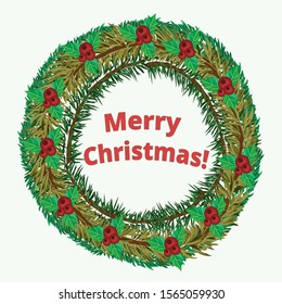 Christmas wreath of tree branches with mistletoe and inscription