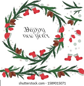 Christmas wreath of Christmas tree branches, stockings, hats, mittens, snowflakes with lettering happy new year, elements of wreath,
endless horizontal brush, endless horizontal border
