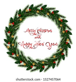 
Christmas wreath with Christmas tree and Christmas decorations on a white background