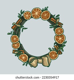 Christmas wreath. Tree. Decorations Tape. Oranges. Cinnamon. Cones