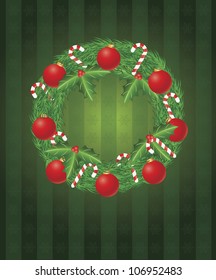Christmas Wreath with Tree Ornaments Candy Cane and Holly Leaf Berries on Snowflakes Background Illustration