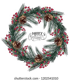 christmas wreath with christmas tree and pine cone
