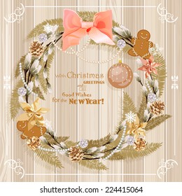 Christmas wreath with christmas tree, pine cones, Christmas decorations, berries, flowers and ribbons. New Year's Eve. Postcard. Vector illustration. New year