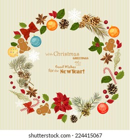 Christmas wreath with christmas tree, pine cones, Christmas decorations, berries, flowers and ribbons. New Year's Eve. Postcard. Vector illustration. New year