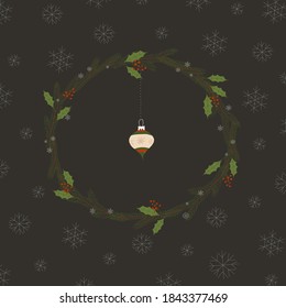 Christmas wreath with Christmas tree toy on a background of snowflakes