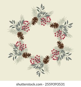 Christmas wreath of twigs, pine cones and red berries. Round frame for design for Christmas and New Year. Decorative Christmas elements. Vector illustration.