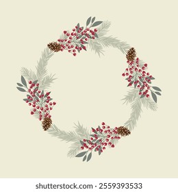 Christmas wreath of twigs, pine cones and red berries. Round frame for design for Christmas and New Year. Decorative Christmas elements. Vector illustration.